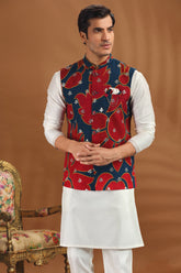 Pearl White Silk Kurta Pajama with Printed Jacket